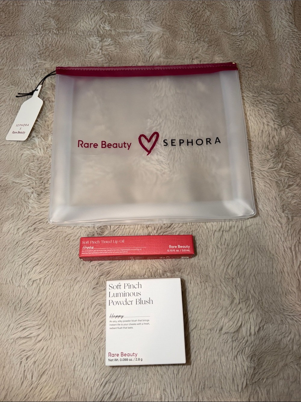 Rare Beauty Tinted Lip Oil & Luminous Powder Blush Bundle with Travel Bag